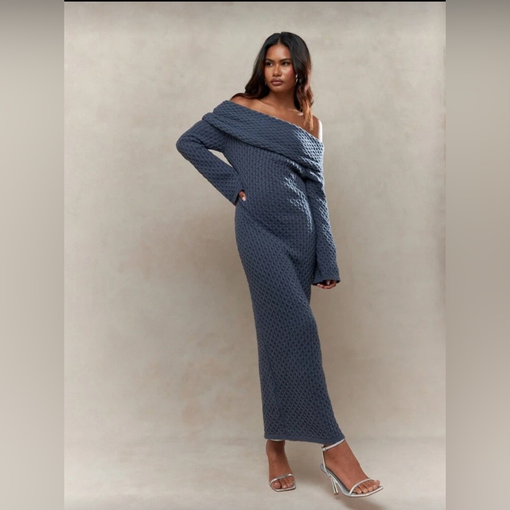 Missguided Slate Blue Off-Shoulder Long Sleeve Knit Maxi Dress